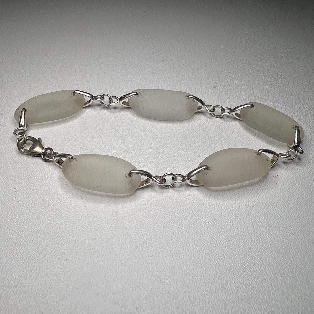 Frosted‎ White Sea Glass Sterling Silver Link Bracelet